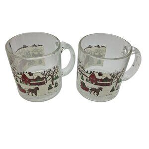 Libbey Glass Coffee Mug Cup Pair Set 2 Winter Village Cider Hot Cocoa Holiday‎